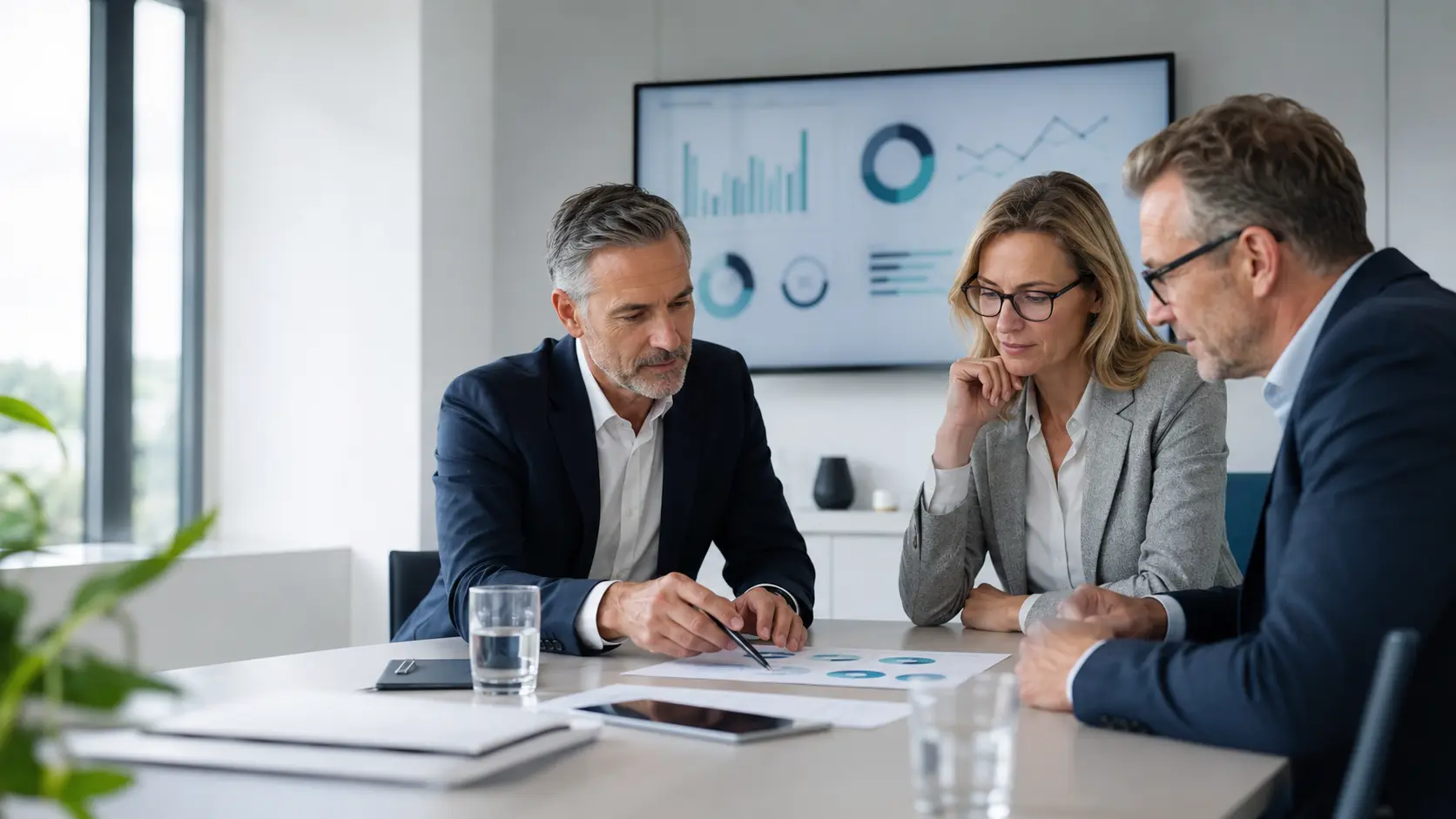 Erfahrene Entscheider analysieren gemeinsam ein Management-Cockpit